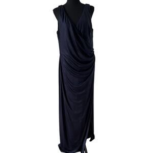 Lauren Ralph Lauren Women's Shiny Metallic Long Evening Dress Navy Blue Size 18